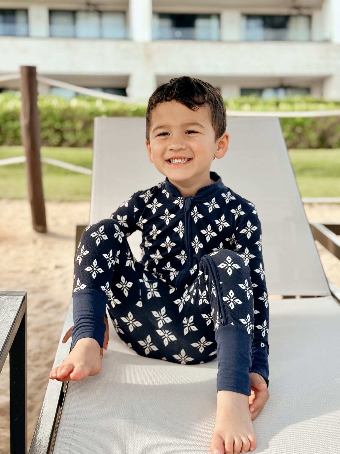 Kurta Footie in Petal Pattern (Navy)